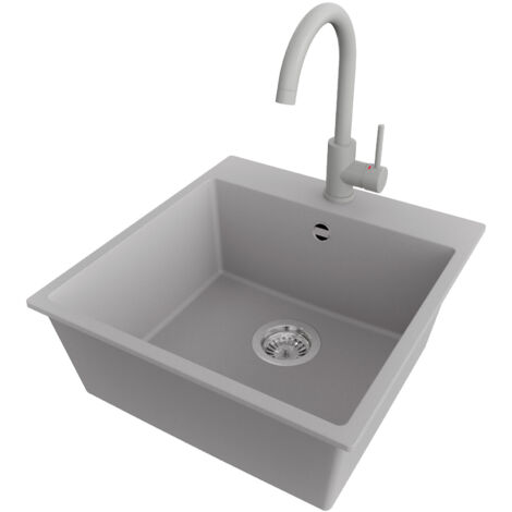 PRIMAGRAN Evier Cuisine en Granit 48x50cm,Lavabo 1 bac + Robinet 32x20cm + Kit de Vidage, Évier à Encastrer au meuble 50cm - Riga, Gris