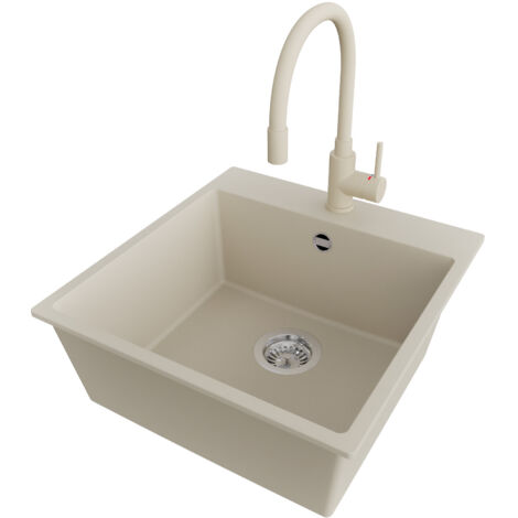 PRIMAGRAN Evier Cuisine en Granit 48x50cm,Lavabo 1 bac + Robinet 38x14cm + Kit de Vidage, Évier à Encastrer au meuble 50cm - Riga, Beige