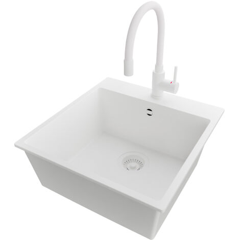 PRIMAGRAN Evier Cuisine en Granit 48x50cm,Lavabo 1 bac + Robinet 38x14cm + Kit de Vidage, Évier à Encastrer au meuble 50cm - Riga, Tout Blanc