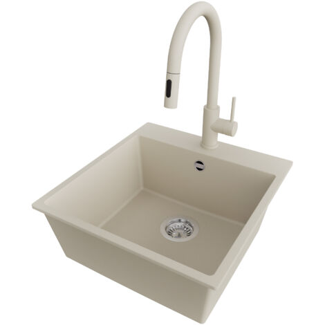PRIMAGRAN Evier Cuisine en Granit 48x50cm,Lavabo 1 bac + Robinet 40x20cm + Kit de Vidage, Évier à Encastrer au meuble 50cm - Riga, Beige