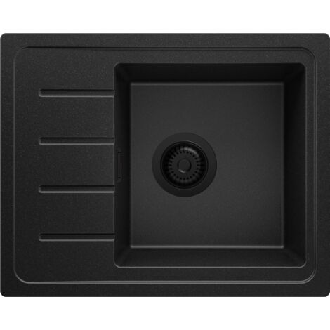 PRIMAGRAN Evier Cuisine en Granit 55x44cm, Lavabo 1 bac + Kit de Vidage, Évier à Encastrer au meuble 45cm - Copenhague Easy, Tout Noir