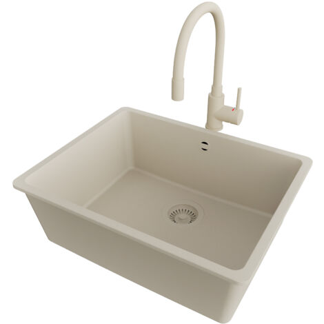 PRIMAGRAN Evier Cuisine en Granit 56x44cm,Lavabo 1 bac + Robinet 38x14cm + Kit de Vidage, Évier à Encastrer au meuble 60cm - Venise Slim Easy, Beige