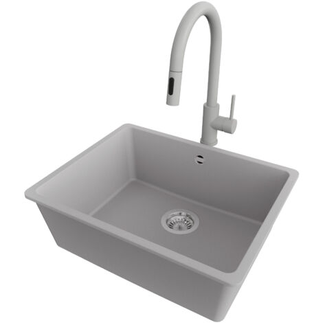 PRIMAGRAN Evier Cuisine en Granit 56x44cm,Lavabo 1 bac + Robinet 40x20cm + Kit de Vidage, Évier à Encastrer au meuble 60cm - Venise Slim Easy, Gris