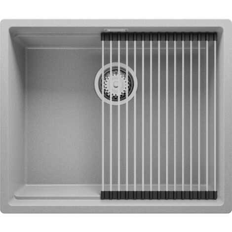 PRIMAGRAN Evier Cuisine en Granit 56x47cm, Lavabo 1 bac + Kit de Vidage + Égouttoir Enroulable, Évier à Encastrer au meuble 60cm - Prague Slim, Gris