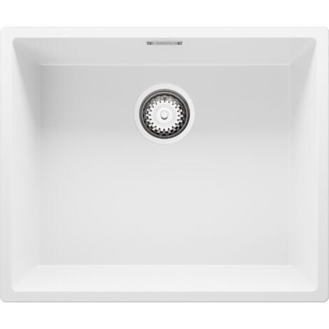 PRIMAGRAN Evier Cuisine en Granit 56x47cm, Lavabo 1 bac + Kit de Vidage, Évier à Encastrer au meuble 60cm - London Slim, Blanc