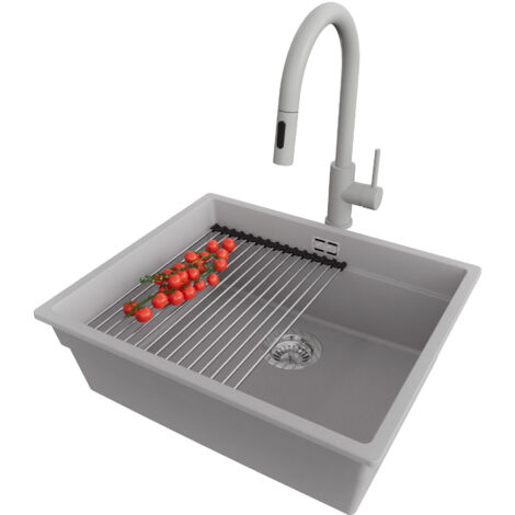 PRIMAGRAN Evier Cuisine en Granit 56x47cm, Lavabo 1 bac + Robinet 40x20cm + Kit de Vidage + Accessoire, Évier à Encastrer au meuble 60cm - Prague Slim, Gris
