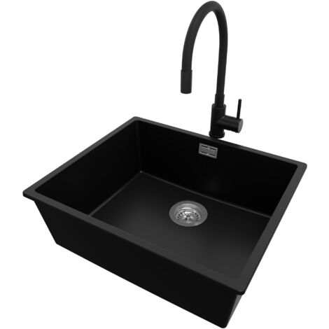 PRIMAGRAN Evier Cuisine en Granit 56x47cm, Lavabo 1 bac + Robinet 40x38cm + Kit de Vidage, Évier à Encastrer au meuble 60cm - London Slim, Noir
