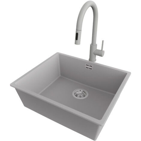 PRIMAGRAN Evier Cuisine en Granit 56x47cm,Lavabo 1 bac + Robinet 40x20cm + Kit de Vidage, Évier à Encastrer au meuble 60cm - London Slim, Gris