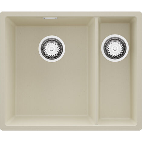 PRIMAGRAN Evier Cuisine en Granit 56x47cm,Lavabo 1,5 bacs + Kit de Vidage, Évier à Encastrer au meuble 60cm - London Slim Duo, Beige