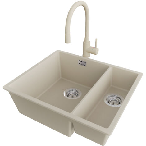 PRIMAGRAN Evier Cuisine en Granit 56x47cm,Lavabo 1,5 bacs + Robinet 38x14cm + Kit de Vidage, Évier à Encastrer au meuble 60cm - London Slim Duo, Beige