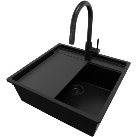 PRIMAGRAN Evier Cuisine en Granit 56x53cm, Lavabo 1 bac + Robinet 40x20cm + Kit de Vidage + Accessoire, Évier à Encastrer au meuble 60cm - Bergen, Tout Noir