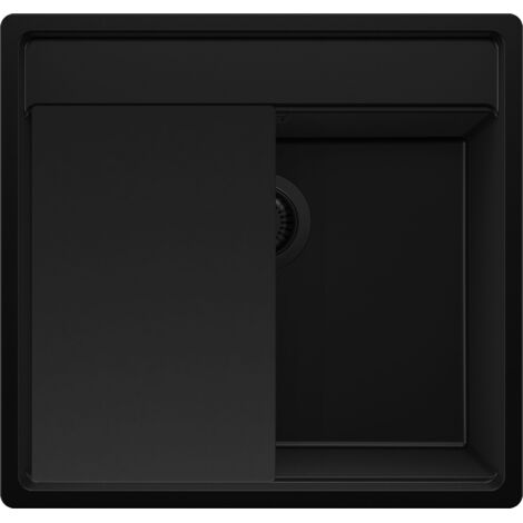 PRIMAGRAN Evier Cuisine en Granit 56x53cm,Lavabo 1 bac + Kit de Vidage + Planche à Découper, Évier à Encastrer au meuble 60cm - Bergen, Tout Noir