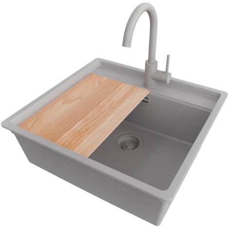 PRIMAGRAN Evier Cuisine en Granit 56x53cm,Lavabo 1 bac + Robinet 32x20cm + Kit de Vidage + Planche à Découper, Évier à Encastrer au meuble 60cm - Bergen, Gris