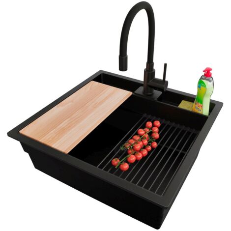 PRIMAGRAN Evier Cuisine en Granit 56x54cm, Lavabo 1 bac + Kit de Vidage + Accessoire, Évier à Encastrer au meuble 60cm - Bergen Pocket, Tout Noir