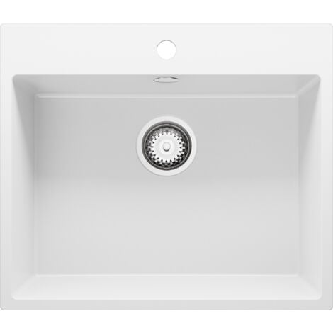 PRIMAGRAN Evier Cuisine en Granit 58x50cm, Lavabo 1 bac + Kit de Vidage, Évier à Encastrer au meuble 60cm - Riga, Blanc