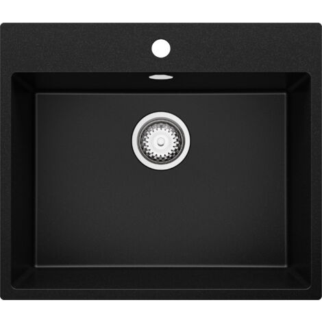 PRIMAGRAN Evier Cuisine en Granit 58x50cm, Lavabo 1 bac + Kit de Vidage, Évier à Encastrer au meuble 60cm - Riga, Noir