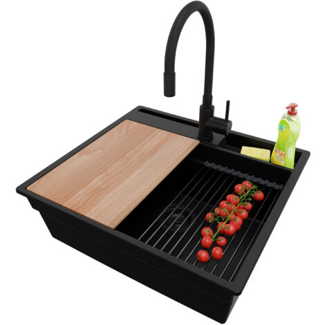 PRIMAGRAN Evier Cuisine en Granit 58x53cm, Lavabo 1 bac + Kit de Vidage + Accessoire, Évier à Encastrer au meuble 60cm - Oslo Pocket, Tout Noir