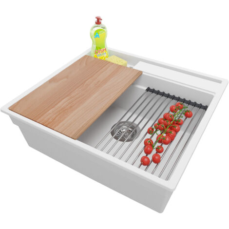 PRIMAGRAN Evier Cuisine en Granit 58x53cm, Lavabo 1 bac + Kit de Vidage + Accessoires, Évier à Encastrer au meuble 60cm - Oslo Pocket, Blanc