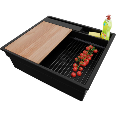 PRIMAGRAN Evier Cuisine en Granit 58x53cm, Lavabo 1 bac + Kit de Vidage + Accessoires, Évier à Encastrer au meuble 60cm - Oslo Pocket, Tout Noir