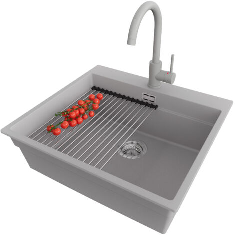 PRIMAGRAN Evier Cuisine en Granit 58x53cm, Lavabo 1 bac + Robinet 32x20cm + Kit de Vidage + Accessoire, Évier à Encastrer au meuble 60cm - Oslo Max, Gris