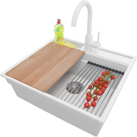 PRIMAGRAN Evier Cuisine en Granit 58x53cm, Lavabo 1 bac + Robinet 32x20cm + Kit de Vidage + Accessoires, Évier à Encastrer au meuble 60cm - Oslo Pocket, Blanc