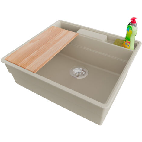 PRIMAGRAN Evier Cuisine en Granit 58x53cm,Lavabo 1 bac + Kit de Vidage + Accessoires, Évier à Encastrer au meuble 60cm - New York, Beige