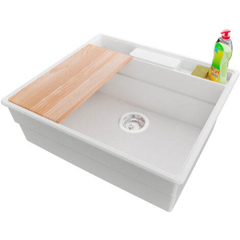 PRIMAGRAN Evier Cuisine en Granit 58x53cm,Lavabo 1 bac + Kit de Vidage + Accessoires, Évier à Encastrer au meuble 60cm - New York, Blanc