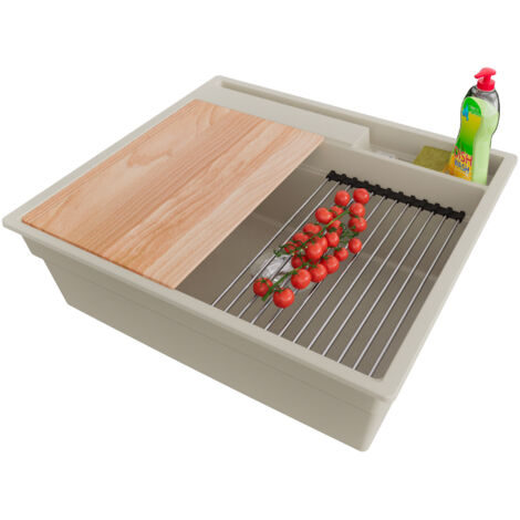PRIMAGRAN Evier Cuisine en Granit 58x53cm,Lavabo 1 bac + Kit de Vidage + Accessoires, Évier à Encastrer au meuble 60cm - Oslo Pocket, Beige
