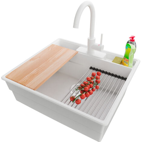 PRIMAGRAN Evier Cuisine en Granit 58x53cm,Lavabo 1 bac + Robinet 32x20cm + Kit de Vidage + Accessoires, Évier à Encastrer au meuble 60cm - New York, Blanc