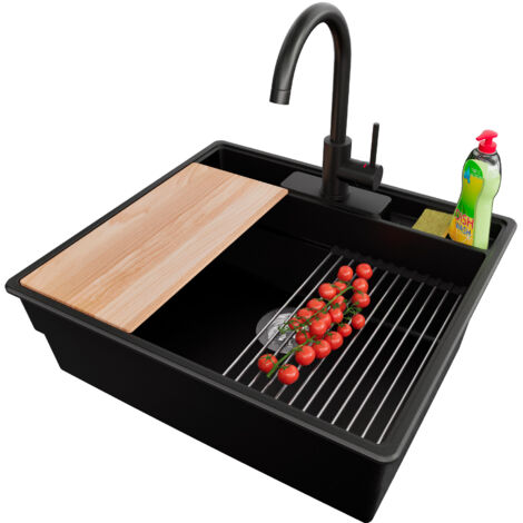 PRIMAGRAN Evier Cuisine en Granit 58x53cm,Lavabo 1 bac + Robinet 32x20cm + Kit de Vidage + Accessoires, Évier à Encastrer au meuble 60cm - New York, Noir