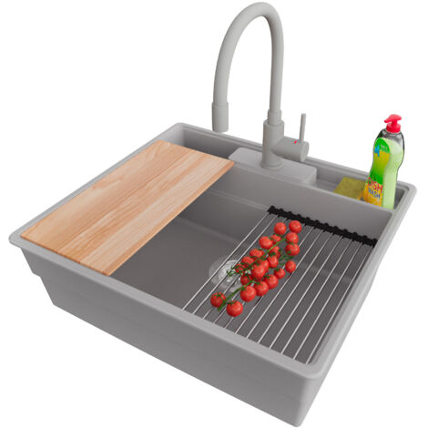 PRIMAGRAN Evier Cuisine en Granit 58x53cm,Lavabo 1 bac + Robinet 38x14cm + Kit de Vidage + Accessoires, Évier à Encastrer au meuble 60cm - New York, Gris