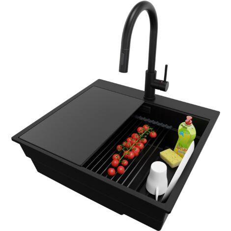 PRIMAGRAN Evier Cuisine en Granit 58x53cm,Lavabo 1 bac + Robinet 40x20cm + Kit de Vidage + Accessoires, Évier à Encastrer au meuble 60cm - Oslo Max, Tout Noir