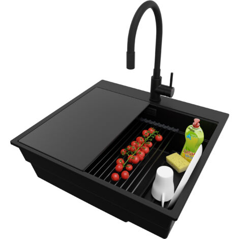 PRIMAGRAN Evier Cuisine en Granit 58x53cm,Lavabo 1 bac + Robinet 40x38cm + Kit de Vidage + Accessoires, Évier à Encastrer au meuble 60cm - Oslo Max, Tout Noir