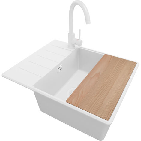 PRIMAGRAN Evier Cuisine en Granit 62x50cm, Lavabo 1 bac + Kit de Vidage + Accessoire, Évier à Encastrer au meuble 50cm - Copenhague, Tout Blanc