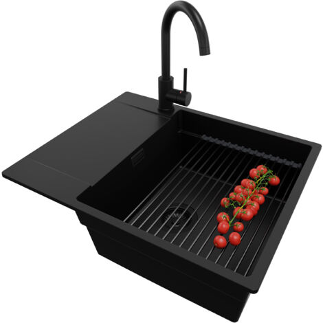 PRIMAGRAN Evier Cuisine en Granit 62x50cm, Lavabo 1 bac + Kit de Vidage + Accessoire, Évier à Encastrer au meuble 50cm - San Francisco, Tout Noir