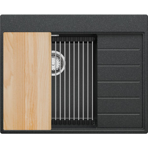 PRIMAGRAN Evier Cuisine en Granit 62x50cm, Lavabo 1 bac + Kit de Vidage + Accessoires, Évier à Encastrer au meuble 45cm - Sydney, Graphite