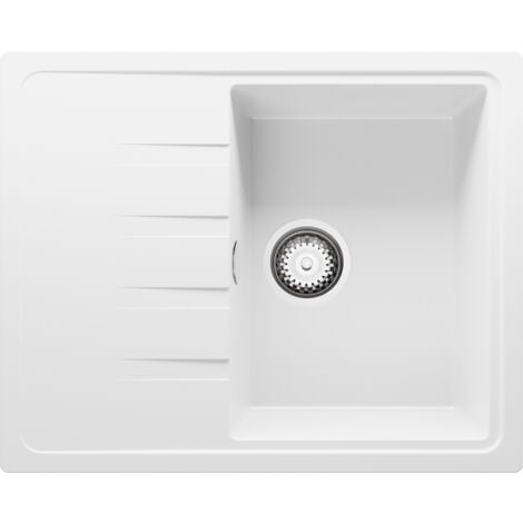 PRIMAGRAN Evier Cuisine en Granit 62x50cm, Lavabo 1 bac + Kit de Vidage, Évier à Encastrer au meuble 40cm - Milan, Blanc