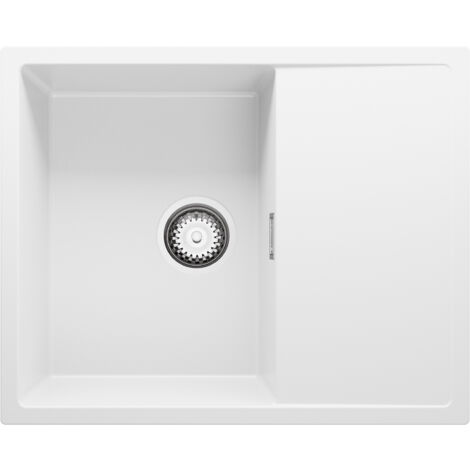 PRIMAGRAN Evier Cuisine en Granit 62x50cm, Lavabo 1 bac + Kit de Vidage, Évier à Encastrer au meuble 45cm - Ibiza, Blanc