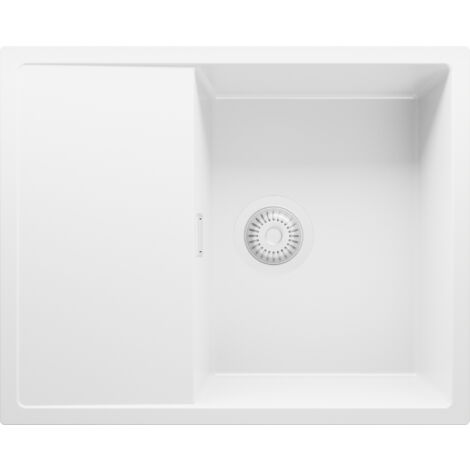 PRIMAGRAN Evier Cuisine en Granit 62x50cm, Lavabo 1 bac + Kit de Vidage, Évier à Encastrer au meuble 45cm - Ibiza, Tout Blanc