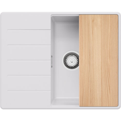 PRIMAGRAN Evier Cuisine en Granit 62x50cm, Lavabo 1 bac + Kit de Vidage + Planche à Découper, Évier à Encastrer au meuble 45cm - Copenhague, Blanc