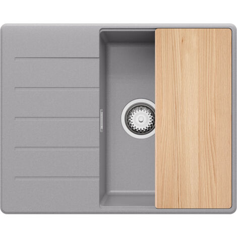 PRIMAGRAN Evier Cuisine en Granit 62x50cm, Lavabo 1 bac + Kit de Vidage + Planche à Découper, Évier à Encastrer au meuble 45cm - Copenhague, Gris