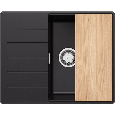 PRIMAGRAN Evier Cuisine en Granit 62x50cm, Lavabo 1 bac + Kit de Vidage + Planche à Découper, Évier à Encastrer au meuble 45cm - Copenhague, Noir