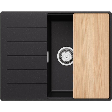 PRIMAGRAN Evier Cuisine en Granit 62x50cm, Lavabo 1 bac + Kit de Vidage + Planche à Découper, Évier à Encastrer au meuble 45cm - Copenhague, Noir Métallisé