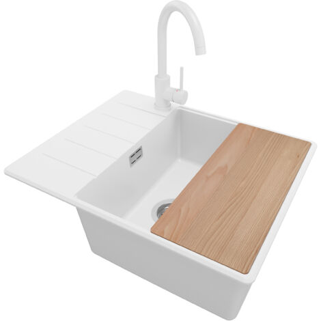 PRIMAGRAN Evier Cuisine en Granit 62x50cm, Lavabo 1 bac + Robinet 32x20cm + Kit de Vidage + Accessoire, Évier à Encastrer au meuble 50cm - Copenhague, Blanc
