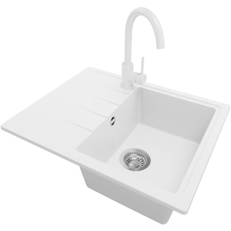PRIMAGRAN Evier Cuisine en Granit 62x50cm, Lavabo 1 bac + Robinet 32x20cm + Kit de Vidage, Évier à Encastrer au meuble 40cm - Milan, Blanc