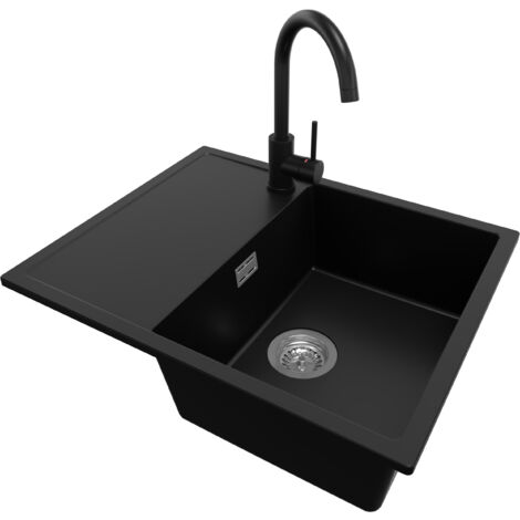 PRIMAGRAN Evier Cuisine en Granit 62x50cm, Lavabo 1 bac + Robinet 32x20cm + Kit de Vidage, Évier à Encastrer au meuble 45cm - Ibiza, Noir
