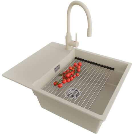 PRIMAGRAN Evier Cuisine en Granit 62x50cm, Lavabo 1 bac + Robinet 38x14cm + Kit de Vidage + Accessoire, Évier à Encastrer au meuble 50cm - San Francisco, Beige