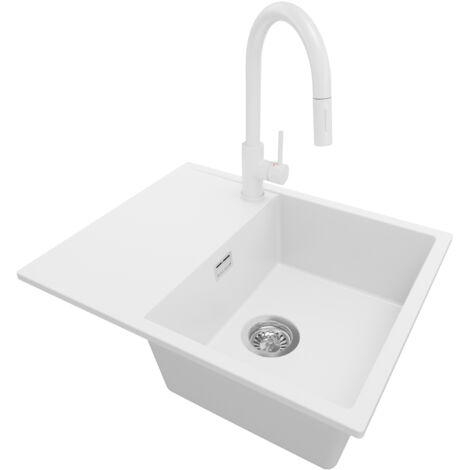PRIMAGRAN Evier Cuisine en Granit 62x50cm, Lavabo 1 bac + Robinet 40x20cm + Kit de Vidage, Évier à Encastrer au meuble 45cm - Ibiza, Blanc