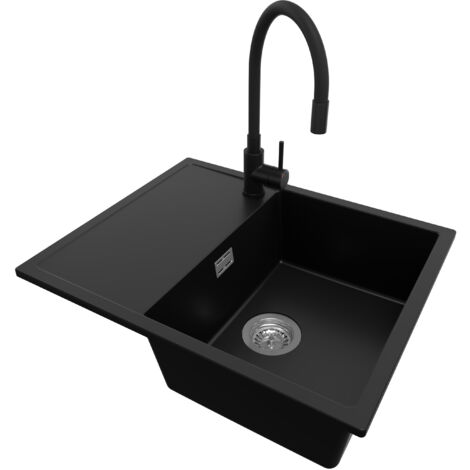 PRIMAGRAN Evier Cuisine en Granit 62x50cm, Lavabo 1 bac + Robinet 40x38cm + Kit de Vidage, Évier à Encastrer au meuble 45cm - Ibiza, Noir