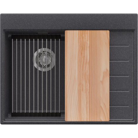 PRIMAGRAN Evier Cuisine en Granit 62x50cm,Lavabo 1 bac + Kit de Vidage + Accessoires, Évier à Encastrer au meuble 40cm - Sydney, Graphite